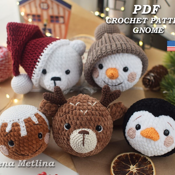 Gehäkelte Weihnachtsdekoration Schneemann, Lebkuchenmann, Pinguin, Rentier, Nordbär, Amigurumi Weihnachtsbaum Spielzeug Häkelanleitung PDF Eng