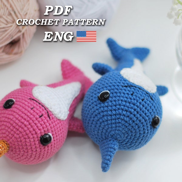 Cute Animals unicorn whale and shark crochet pattern, two patterns in one - pink whale and blue shark, amigurumi PDF tutorial in English