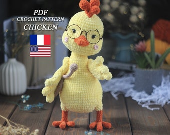 Chicken crochet pattern Plush chicken amigurumi and a worm PDF in Eng/Fr Yellow Easter plush crochet chick Amigurumi Animal Crochet Tutorial