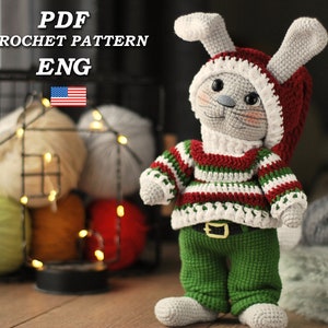 Amigurumi funny Bunny in Christmas Costume/ Winter Bunny Crochet Pattern/ Christmas Elf Bunny/PDF Eng Crochet Pattern/DIY Christmas Gift Toy