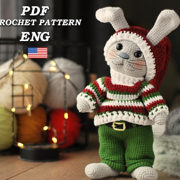 Amigurumi drôle de lapin en costume de Noël / Patron au crochet Lapin d'hiver / Lapin elfe de Noël / Patron au crochet PDF anglais / Jouet cadeau de Noël bricolage