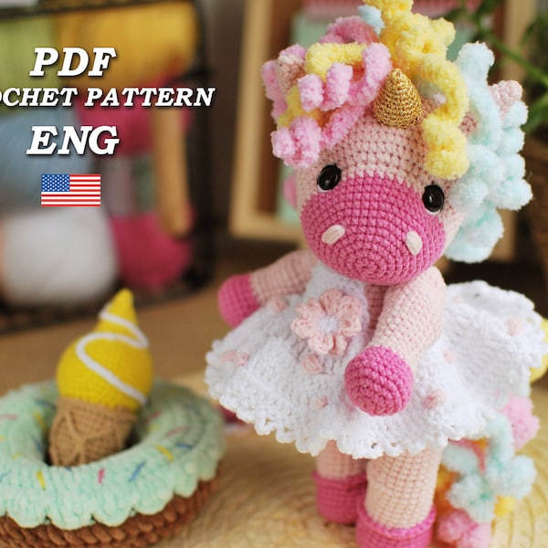 Crochet Unicorn PATTERN PDF in Eng, Amigurumi Rainbow Unicorn, Unicorn toy with two sets of clothes, donut ice cream Amigurumi tutorial file