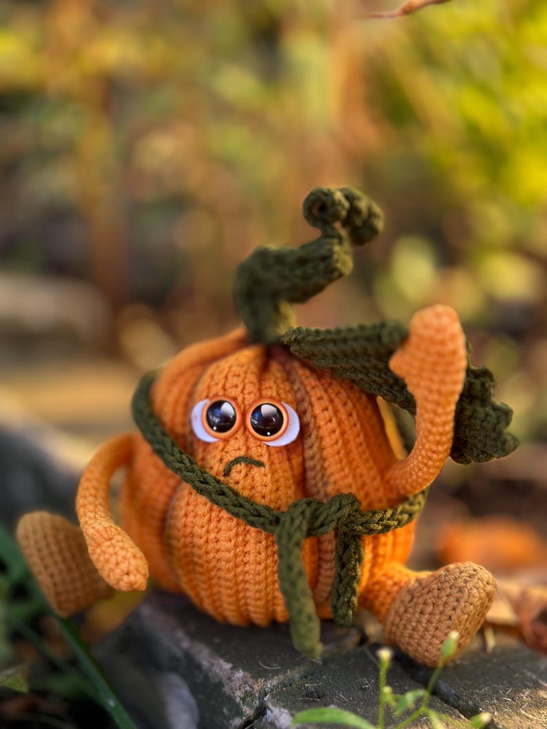 May include: A crocheted pumpkin with a sad expression, wearing a green crocheted scarf and hat. The pumpkin is sitting on a rock with green foliage in the background.