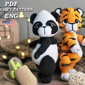 May include: Crochet pattern PDF for making a panda and a tiger amigurumi. The pattern is in English. The panda is black and white, and the tiger is orange and black.