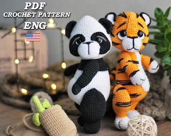 Crochet Animal Pattern, Cute Tiger and Panda Crochet toy, Set of 2 Crochet Toy Patterns, Amigurumi toy PDF pattern in Eng, Safari animals