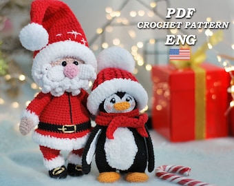 Modèles de crochet de Noël mignons du père Noël et du pingouin / Ensemble de 2 modèles / Tutoriel de Noël Amigurumi PDF en anglais / Jouets de Noël