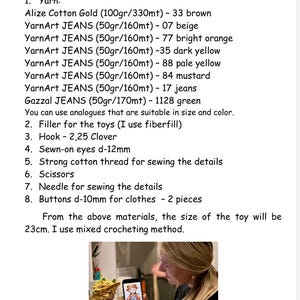 May include: A woman holds a smartphone showing a crocheted doll, with the doll also in her hand. The image includes a list of materials: yarn, hook, eyes, thread, scissors, needle, and buttons. The finished toy will be 23cm.