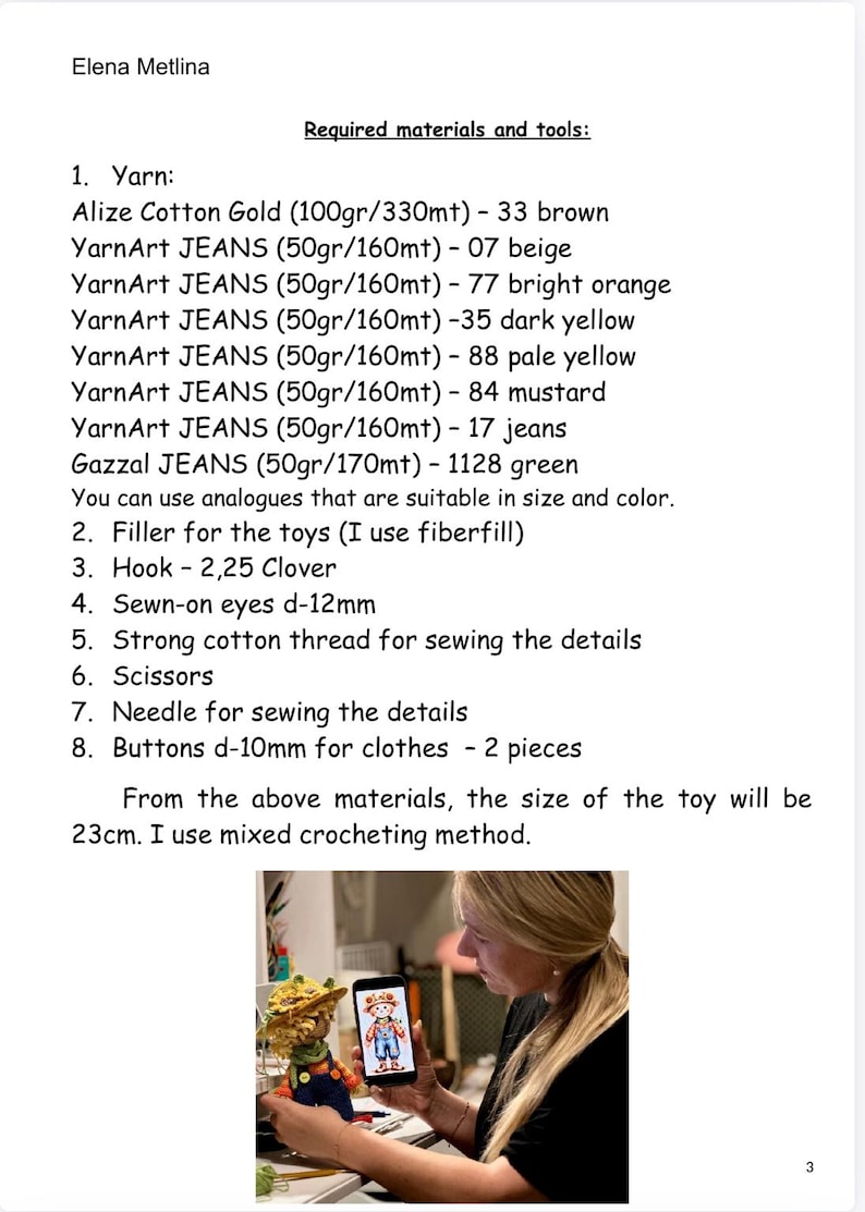 May include: A woman holds a smartphone showing a crocheted doll, with the doll also in her hand. The image includes a list of materials: yarn, hook, eyes, thread, scissors, needle, and buttons. The finished toy will be 23cm.