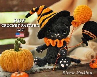 Crochet Black Cat Halloween pattern, Halloween amigurumi cat pattern PDF in Eng, Crochet Halloween Kitty, crochet pattern Coal the kitten,