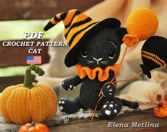 Patron Halloween chat noir au crochet, patron chat amigurumi Halloween PDF en anglais, Crochet Halloween Kitty, patron crochet Coal le chaton,