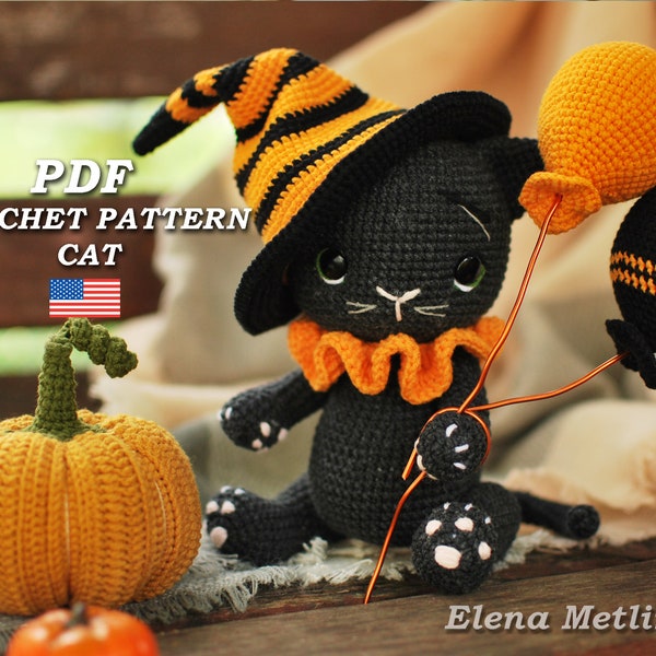 Crochet Black Cat Halloween pattern, Halloween amigurumi cat pattern PDF in Eng, Crochet Halloween Kitty, crochet pattern Coal the kitten,