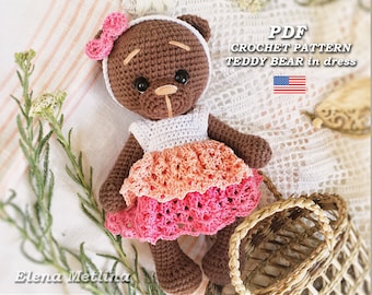 Crochet bear pattern in dress. Cute bear amigurumi pattern in Eng. Crochet teddy bear toy. Amigurumi animal pattern. Bear crochet in clothes