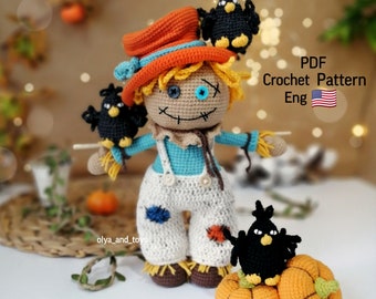 Halloween crochet toy cute Scarecrow,  amigurumi pattern toys PDF in Eng, crochet toy Scarecrow, Halloween decorative, crochet pumpkin toy