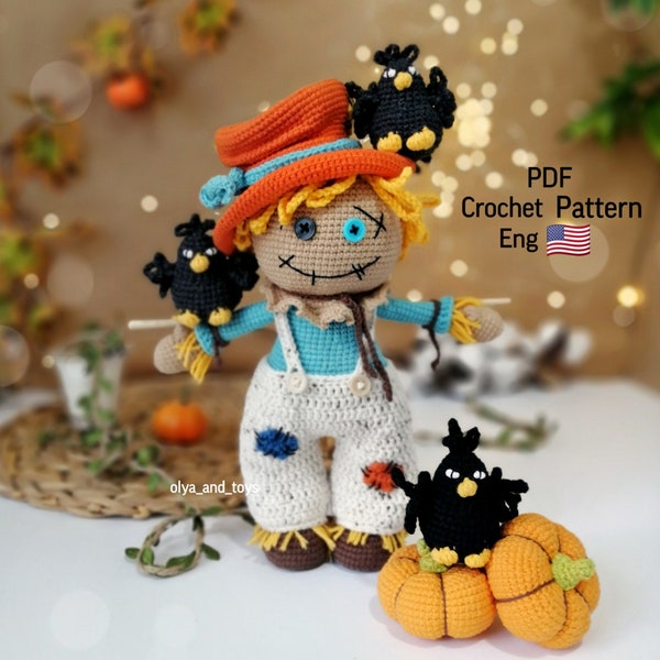 Halloween crochet toy cute Scarecrow,  amigurumi pattern toys PDF in Eng, crochet toy Scarecrow, Halloween decorative, crochet pumpkin toy