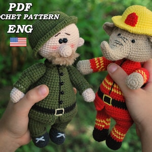 Gehäkelte Puppe Feuerwehrmann Elefant und Soldat Häkelanleitung / Set von 2 Spielzeug Häkelanleitungen / Amigurumi Puppe Tutorial /Spielzeug Berufe
