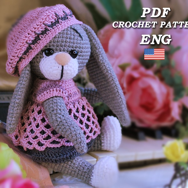 Crochet bunny pattern, Crochet Cute Bunny with a dress and a beret , Amigurumi bunny PDF pattern in Eng, crochet animals pattern, DIY Bunny