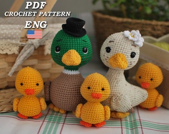 Padrão de crochê de pato em PDF (inglês). Tutorial de amigurumi para uma família de patos de Páscoa. Mamãe pato e patinhos. Brinquedo de animal de fazenda para fazer você mesmo. Download digital.