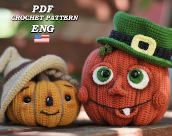 Modèle de crochet de citrouille folle / Citrouilles dans un chapeau pour Halloween / Tutoriel Amigurumi en anglais / Décor bricolage pour Halloween / Modèle de crochet d'Halloween