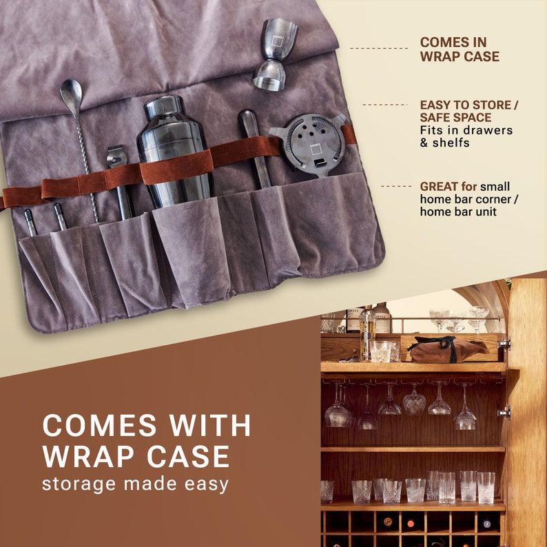 May include: A gray fabric roll-up case with pockets for storing bar tools. The case is open and shows a cocktail shaker, jigger, muddler, and other bar tools. The text "COMES WITH WRAP CASE storage made easy" is on the bottom left of the image. The text "COMES IN WRAP CASE" is on the top right of the image. The text "EASY TO STORE / SAFE SPACE Fits in drawers & shelfs GREAT for small home bar corner / home bar unit" is on the right side of the image.
