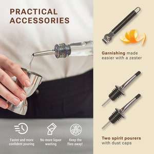 May include: A set of bar accessories including two spirit pourers with dust caps, a zester, and a jigger. The pourers are silver with black caps. The zester is black with a silver handle. The jigger is silver and is being used to measure out liquor from a bottle.