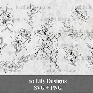 Lily flower bundle | 10 Lily designs, SVG & PNG files, instant download, hand drawn, For commercial use, Cricut, crafting etc