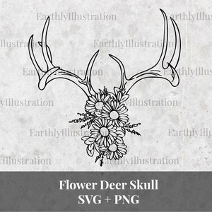 Deer skull With Wild Flowers, SVG & PNG files, instant download, hand drawn, for commercial use, Cricut, crafting etc
