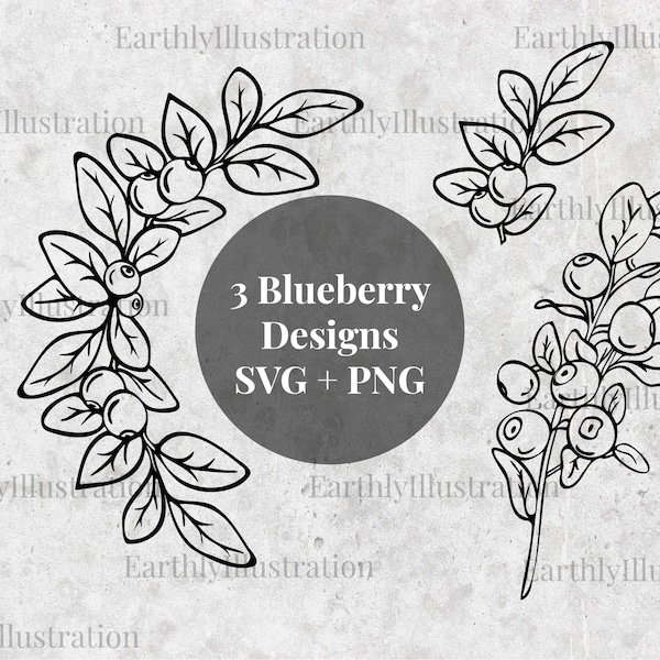 3 Blueberry Designs, SVG & PNG files, instant download, hand drawn, for commercial use, Cricut, etc