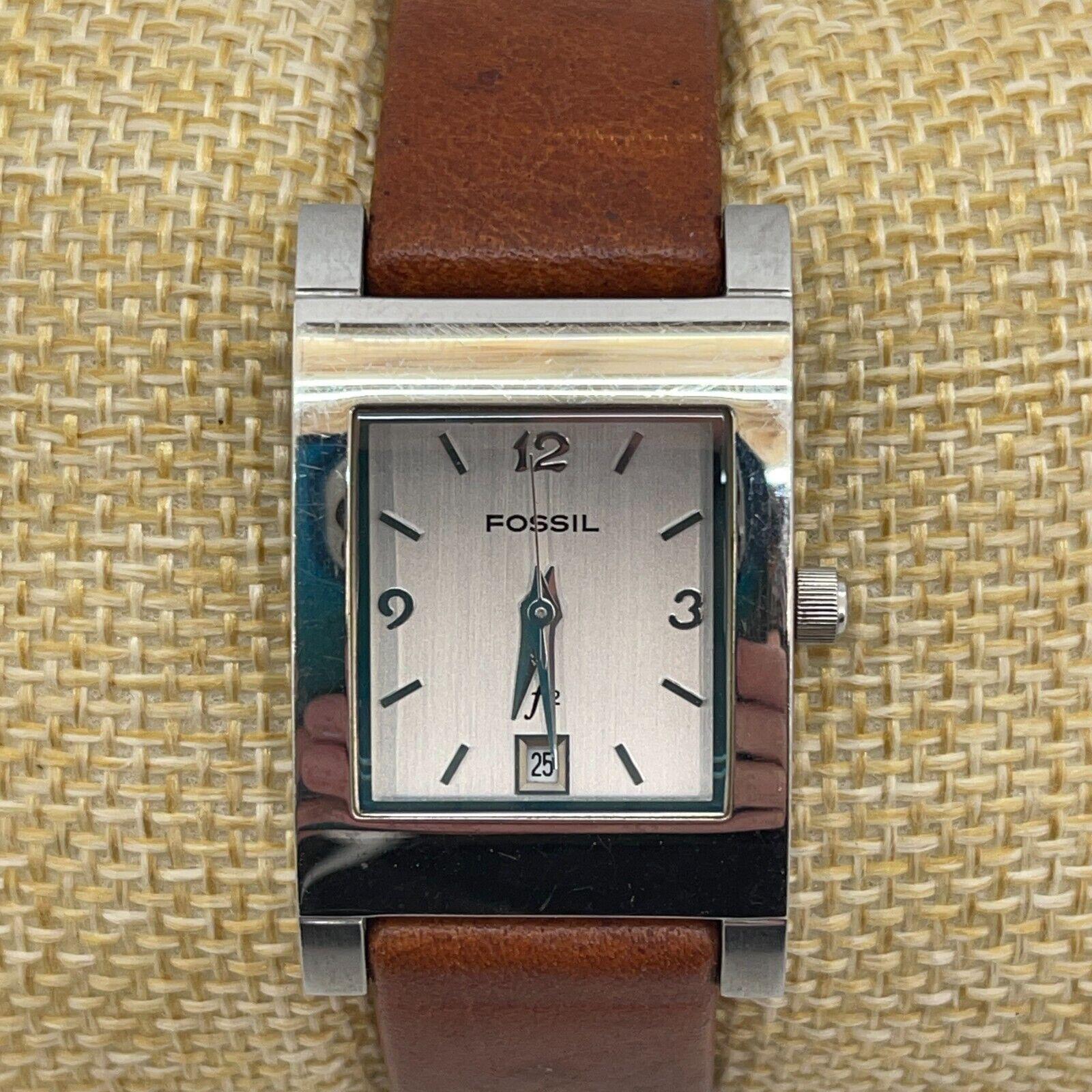 Fossil F2 Watch Women Silver Tone Genuine Leather Brown Strap ES-9585