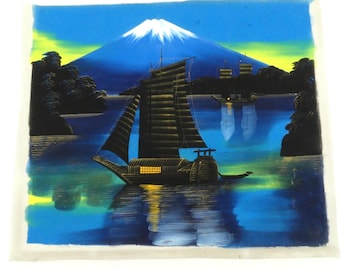 Vintage Japanischer Berg Fuji Segelboot Samt Schwarzlicht Seidentuch Gemälde 18x15