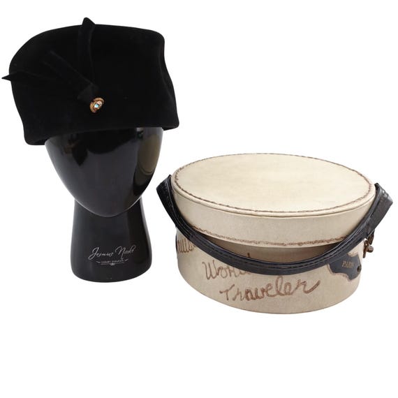 Vintage Merrimac Black Velour Peachbloom Pillbox Hat USA 