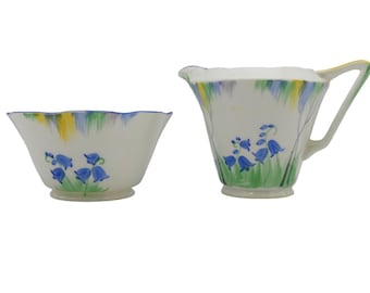 VTG A.B.J Grafton China Creamer & Sugar Bowl Set Hand Painted Bluebells Floral