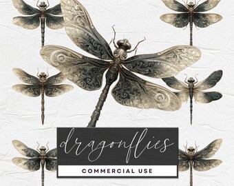 Vintage Steampunk Dragonflies Clipart, 8 PNG 300DPI Images, Ornate Fantasy Insect Illustrations for Creative Design