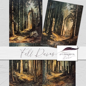 Escena digital de ruinas antiguas en un bosque encantado, arco medieval místico, fondo de castillo abandonado de fantasía, fondo de bosque oscuro