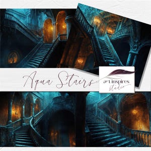 Fondo digital de escalera, escena de mansión embrujada, fondo de castillo gótico, arte fantástico, escena de terror oscuro, casa abandonada inquietante (JPG)