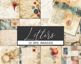 May include: A collage of vintage-style paper textures, including aged parchment, envelopes, and wax seals. The image features a variety of colors, including sepia tones, blues, and reds. The text "Letters" and "12 JPG IMAGES" are displayed on a black background.