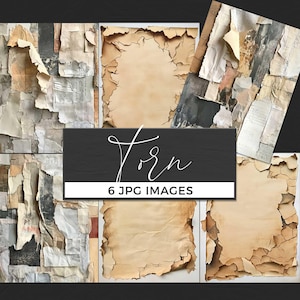 Könnte beinhalten: Sechs JPG-Bilder zeigen eine Collage aus zerrissenen Papierstrukturen in Beige-, Braun- und Weißtönen. Die Bilder haben zerfetzte Ränder und sichtbare Papierfasern. Das Wort "Torn" ist in weißer Schrift geschrieben, darunter der Text "6 JPG IMAGES".