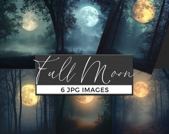 Full Moon Backgrounds, 6 Forest Night Images, Mystical Moon Digital Papers, Woodlands Backdrop, Dark Sky, Fantasy Art Commercial Use