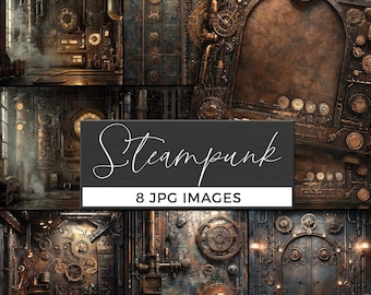 Steampunk Digital Backdrop, Vintage Industrial Background, Mechanical Gears & Pipes Texture, Retro Futuristic Steampunk Scene, Grunge Metal