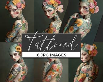Tätowierte Blumenporträts, 6 JPG-Digitalbilder, buntes, eingefärbtes Frauen-Kunstpaket für Collagen und druckbare Designs