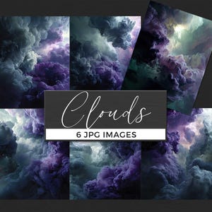 May include: A collection of six digital images featuring dramatic cloud formations in shades of purple, gray, and white. The word "Clouds" is written in elegant script, with the text "6 JPG IMAGES" below it.