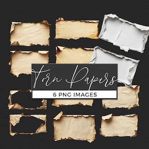 May include: A collection of nine PNG images of torn paper with a dark background. The papers are in various shapes and sizes, with a distressed, aged appearance. The text "Torn Papers" and "6 PNG Images" is displayed on a black rectangle.