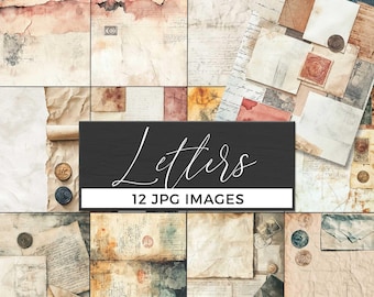 May include: A collection of vintage-style digital images featuring aged paper, envelopes, stamps, and handwritten script. The images have a distressed, antique aesthetic with a color palette of beige, brown, and faded red. The text "Letters" and "12 JPG IMAGES" are displayed.