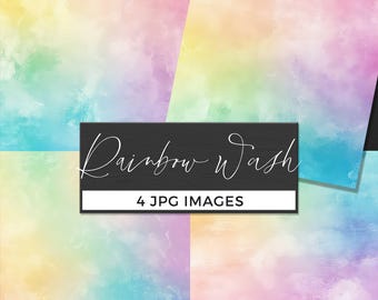 Puede incluir: Cuatro impresiones de arte digital con un efecto de lavado arcoíris. Las impresiones presentan colores mezclados de rosa, amarillo, azul y verde. Un rectángulo negro con el texto "Rainbow Wash" y "4 JPG IMAGES" está centrado en la imagen.