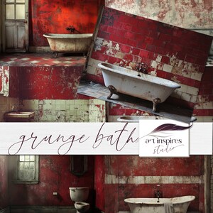 Escena de arte digital de baño antiguo grunge, DESCARGAR, Baño rojo vacío, Habitaciones vintage, Casa abandonada, Texturas rústicas, Fondo de casa vacía