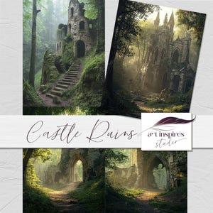 Fondo digital de ruinas de castillo, fondo de ruinas medievales de fantasía, escena de bosque brumoso místico, castillo encantado cubierto de vegetación, arte de fantasía oscura