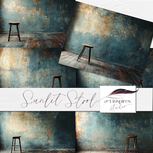 Fondo de arte digital con taburete antiguo, DESCARGAR, Fondo de habitación vintage iluminada por el sol, Habitación grunge, Páginas de casas abandonadas, Paredes rústicas pintadas, CU, PU