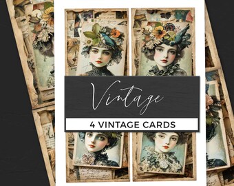 Vintage Cards Set, 5 Printable Collage Sheets, Antique Portrait Digital Art, Victorian Ephemera Junk Journal Pages, Scrapbooking