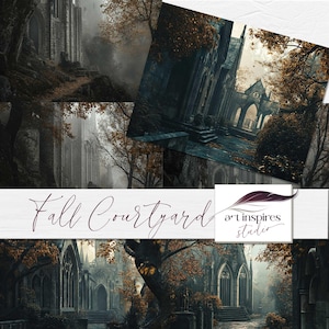 Fondo digital de ruinas góticas, fondo de abadía encantada, castillo de fantasía oscura (JPG), escena otoñal espeluznante, arte fotográfico de castillo medieval, arte escénico