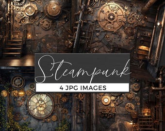 Steampunk Digital Backdrop, Vintage Industrial Background, Mechanical Gears & Pipes Texture, Retro Futuristic Steampunk Scene, Grunge Metal