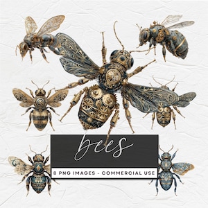 May include: Digital illustration of several steampunk-style bees with intricate mechanical details. The bees feature a mix of metallic gold, bronze, and dark grey elements, with gears and other machine parts incorporated into their design. The word "bees" is written in cursive on a black rectangle.